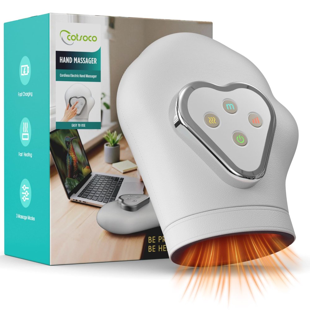 cotsoco Updated Hand Massager with Heat and Compression - Electric Individual Finger Massage for Arthritis, Carpal Tunnel & Pain Relief, Cordless Portable Massager for Wrist & Fingers, Gifts for Mom