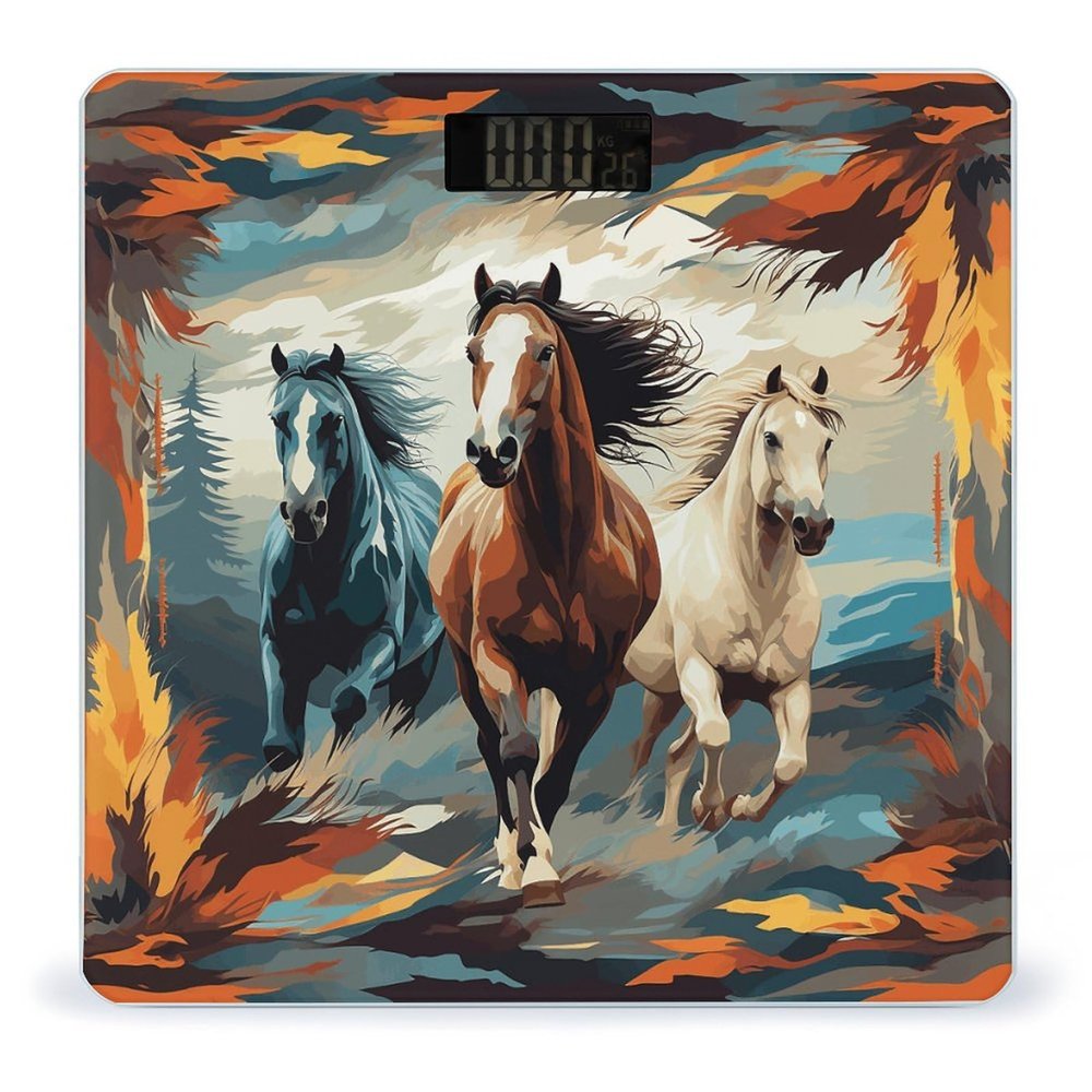 A Pattern with Horses As A Background Smart Scale for Body Weight Digital Bathroom Scale Toughened Glass Weight Scale with Large LCD Backlight Display High Precision Scales Weighing Machine