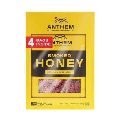 Anthem Premium Beef Jerky, Smoked Honey, 2.5 oz (Pack of 4) 10 oz Total Tender Gourmet Beef Snacks High Protein & Low Fat No Added Nitrates or Nitrites Handcrafted Small Batch Jerky