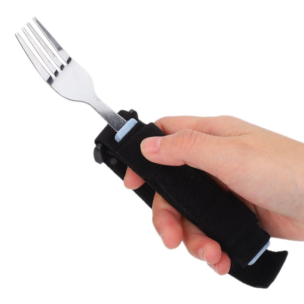 Elderly Spoon Fork, Universal Cuff Utensil Rotating Dining Eating Aids Utensil with Adjustable Holder Strap for Disabled Patient Elderly