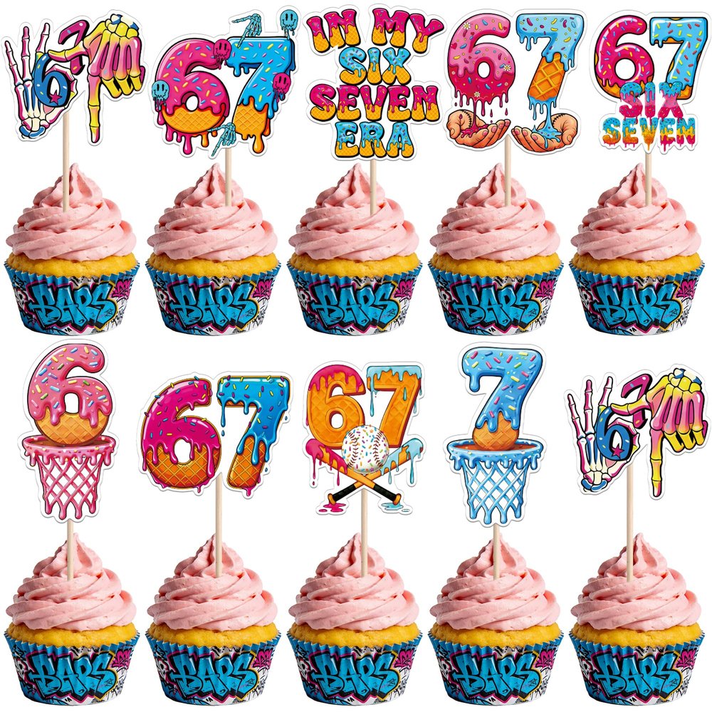 36 PCS 6 7 Party Decorations Funny Six Seven Cupcake Toppers Double Sided Baseball Funny 6 7 Birthday Cake Decorations for Donut Ice Cream Six Seven Meme Birthday Party Cupcake Decorations Supplies
