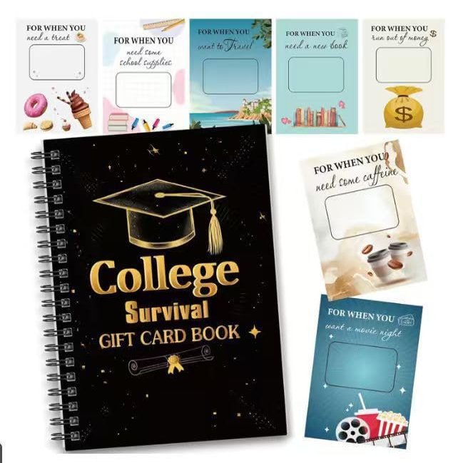2026 College Gift Card Book, 57 Inch Black Gold Graduation Gift Card Book, College Survival Booklet Organizer Cash Holder for Leaving Home Birthday High School University Graduation Care Package