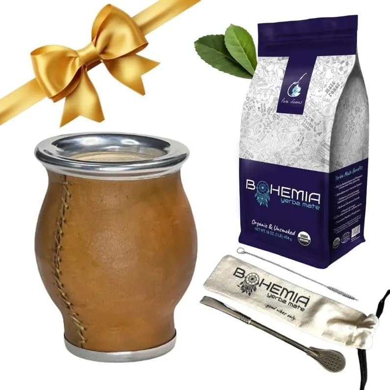 BOHEMIA YERBA MATE SET. 1 Yerba Mate Tea Bag + Mate Calabash Gourd (Camionero style) + Mate Straw (Handcrafted in German Silver) + Cleaning Brush