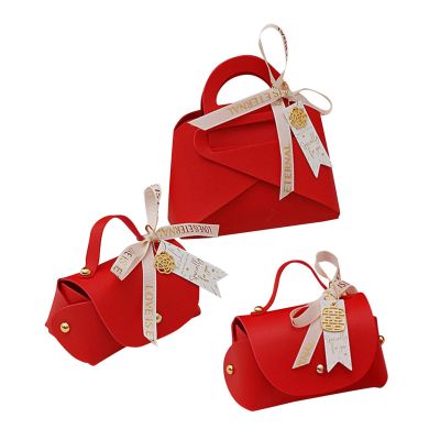 JISADER 3 Pieces Wedding Candy Favor Box Gift Bag Leather Ribbon Handle Keepsake Souvenir Biscuit Box Suitable for Weddings Parties Anniversaries, Red