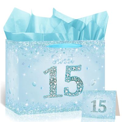 Light Blue 15th Birthday Gift Bag with Tissue Paper and Card Large Sweet 15 Birthday Era Party Favor Bags for Girls Fifteen Years Old Birthday Gift Wrap Blue Sparkle Print Theme Party Decor 11.8in