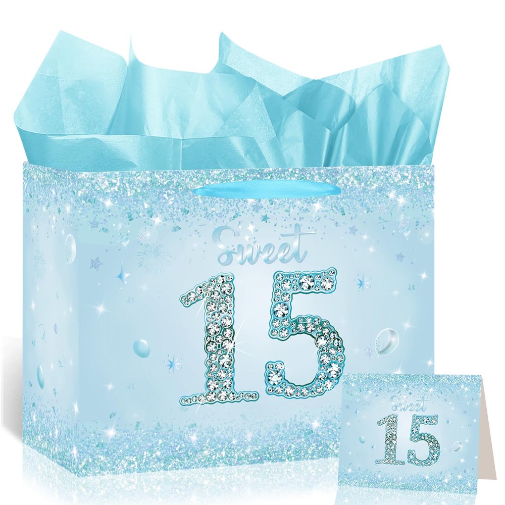 Light Blue 15th Birthday Gift Bag with Tissue Paper and Card Large Sweet 15 Birthday Era Party Favor Bags for Girls Fifteen Years Old Birthday Gift Wrap Blue Sparkle Print Theme Party Decor 11.8in
