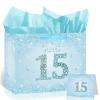 Light Blue 15th Birthday Gift Bag with Tissue Paper and Card Large Sweet 15 Birthday Era Party Favor Bags for Girls Fifteen Years Old Birthday Gift Wrap Blue Sparkle Print Theme Party Decor 11.8in view 1
