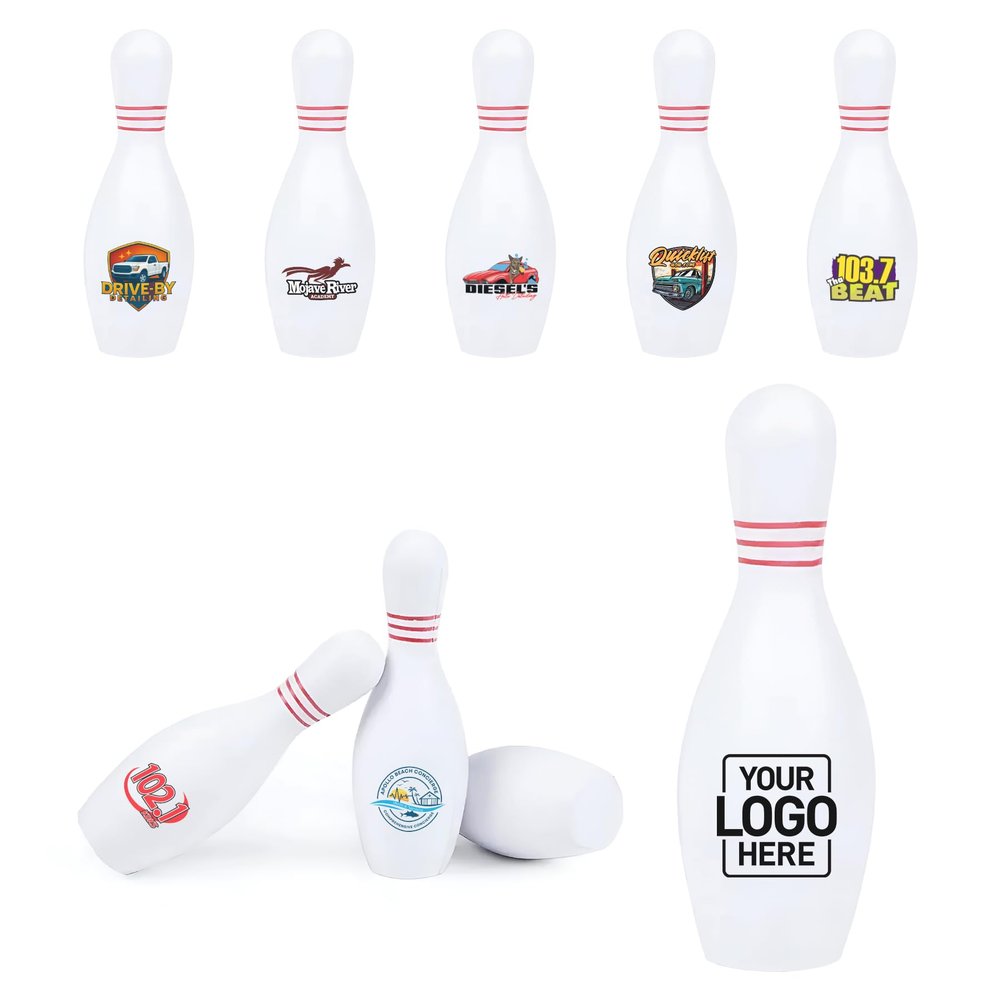 100 Pack Custom Bowling Pin Stress Reliever Bulk, Personalized PU Foam Promo Item with Logo for Trade Shows, Corporate Events, Office Use & Bowling Businesses, 5.2 x 1.77 in