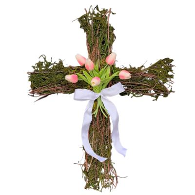 Artificial Cross Sign Door Hanger Wreath 16" Cross Wreath with Flowers for Front Door Spring Decorations