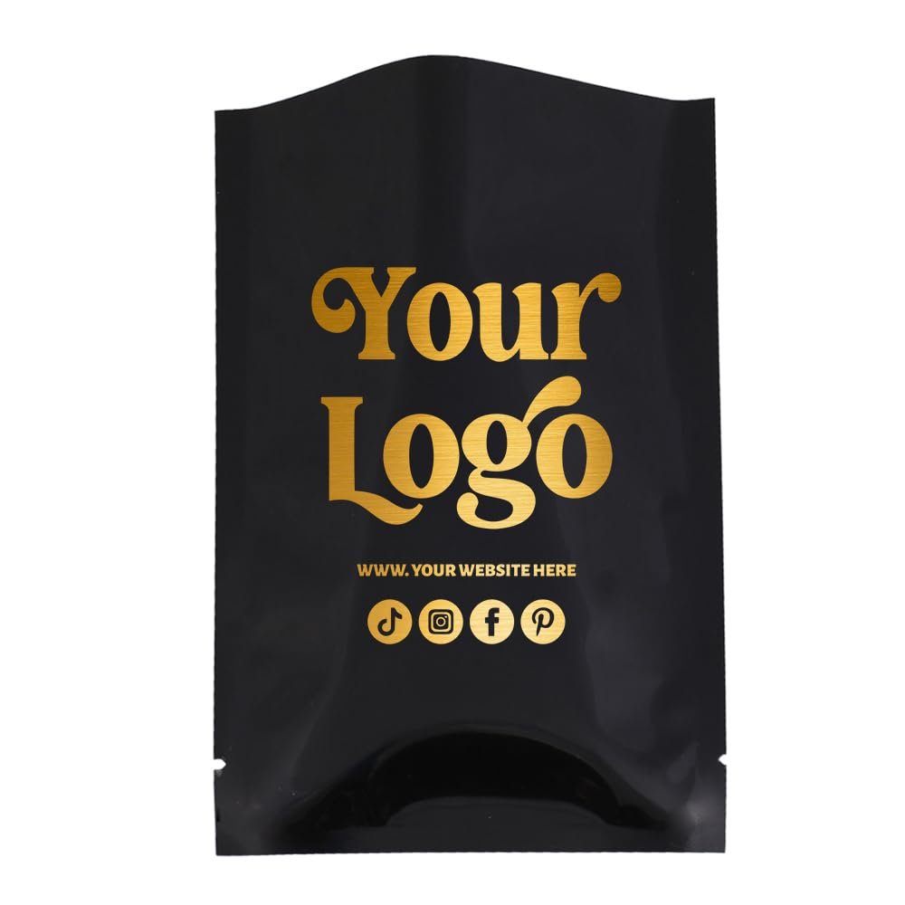 100 Pcs Custom Printed Open Top Heat Seal Bags,(One Color One Side Print) Mylar Pouches with Easy Tear Notch, Personalized Logo Bags for Small Business, Food Storage (Black Glossy, 9*13CM/3.5"*5.1")