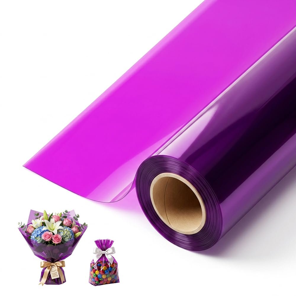 WINDAWNKE Purple Cellophane Wrap Roll 16in x 98ft, Cellophane Wrapping Paper for for Gift Basket, Clear Gift Wrapping Paper for Bouquet Flower Basket Packing DIY Crafts