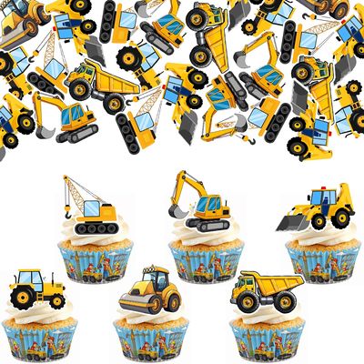 60 Pack Edible Construction Cupcake Toppers Dump Truck Excavator Tractor Party Stop Sign Cupcake Picks Kids Birthday Construction Theme Baby Shower Party Cake Decorations Supplies