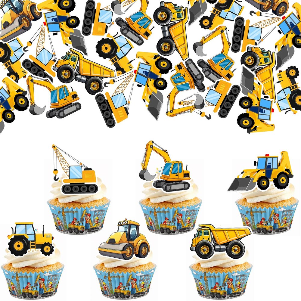 60 Pack Edible Construction Cupcake Toppers Dump Truck Excavator Tractor Party Stop Sign Cupcake Picks Kids Birthday Construction Theme Baby Shower Party Cake Decorations Supplies