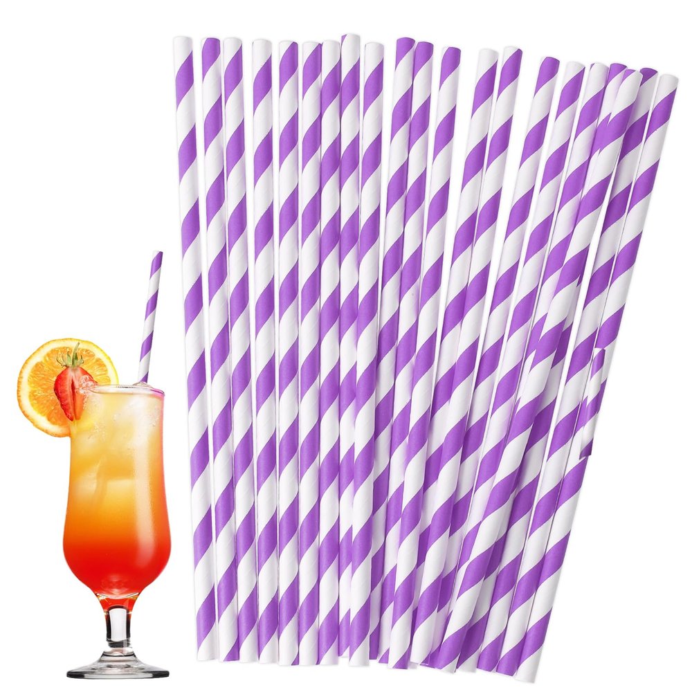 100 PCS Paper Straws for Drinking, Disposable Purple Striped Paper Straws Purple and White Drinking Straw for Cocktail Milkshake Coffee Lemonade for Bridal/Baby Shower Wedding Brithday Party Decor
