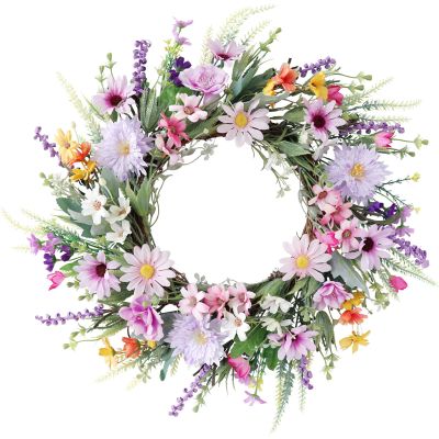 20" Spring Outdoor Wreath,Colorful Floral Greenery Silk Artificial Spring Wreath for Front Door with Daisy & Lavender,Large Spring Wreaths for Home,Wall,Indoor,Outdoor,Farmhouse Decor