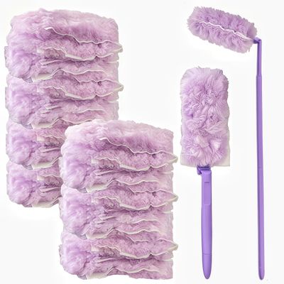 30 Disposable 360 Multi-Surface Duster Refills, Rugged Compatible with Swiffer Duster Refills (30 Duster Refills + 1 Short Handle + 1 Extendable Handle)