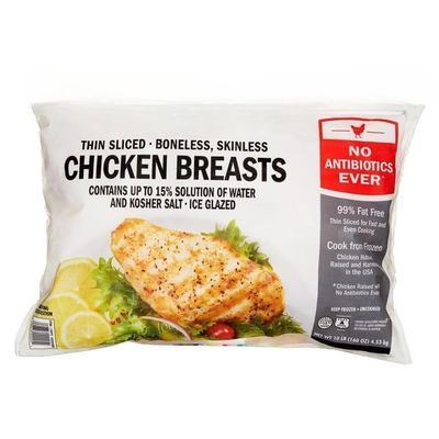Thin Sliced Chicken Breasts, Boneless Skinless , Ingredients : Carbonated water, citric acid, taurine, sodium bicarbonate, magnesium carbonate, caffeine, acesulfame-potassium, aspartame (contains phenylalanine), niacin, pantothenate, vitamin B6, vita