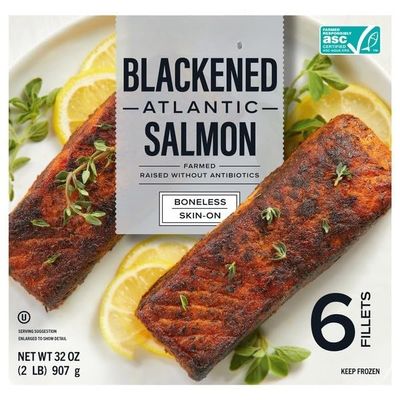 Atlantic Blackened Salmon , Responsibly Farmed or sustainable wild-caught , Certain preservatives prohibited, including sodium bisulfite and STPP , Traceable to farm or fishery .. 6-count [ 32 oz , 2 lb ]