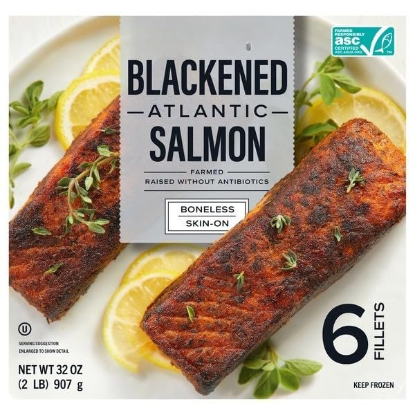 Atlantic Blackened Salmon , Responsibly Farmed or sustainable wild-caught , Certain preservatives prohibited, including sodium bisulfite and STPP , Traceable to farm or fishery .. 6-count [ 32 oz , 2 lb ]