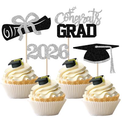 24 PCS 2026 Graduation Theme Cupcake Toppers Glitter Class of 2026 Cake Toppers Diploma Congrats Grad Cap Cupcake Picks for 2026 Graduation Theme Party Cake Decorations Supplies Silver