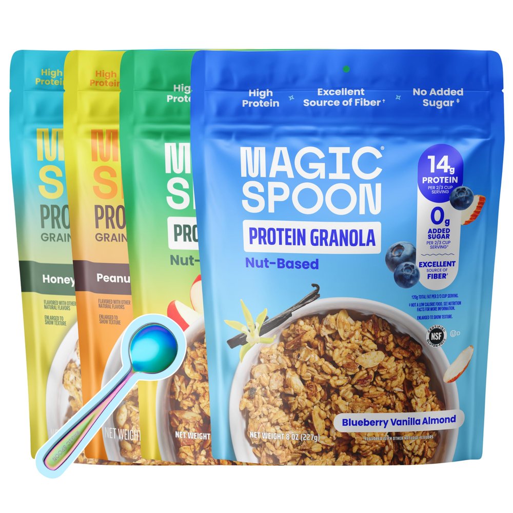 Magic Spoon High Protein Granola Low Sugar - 4 Pack: Apple Cinnamon, Blueberry Vanilla, Peanut Butter, & Honey Almond - Low Carb Sugar Free Protein Snacks & Breakfast Food - Grain & Gluten Free
