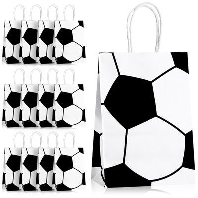 PASEOTA 12 PCS Soccer Goodie Bags with Handles, Soccer Snack Bags for Team Kids Birthday, Soccer Party Favor Bags Treat Candy Gift Bags Sports Theme Supplies (Soccer-A)