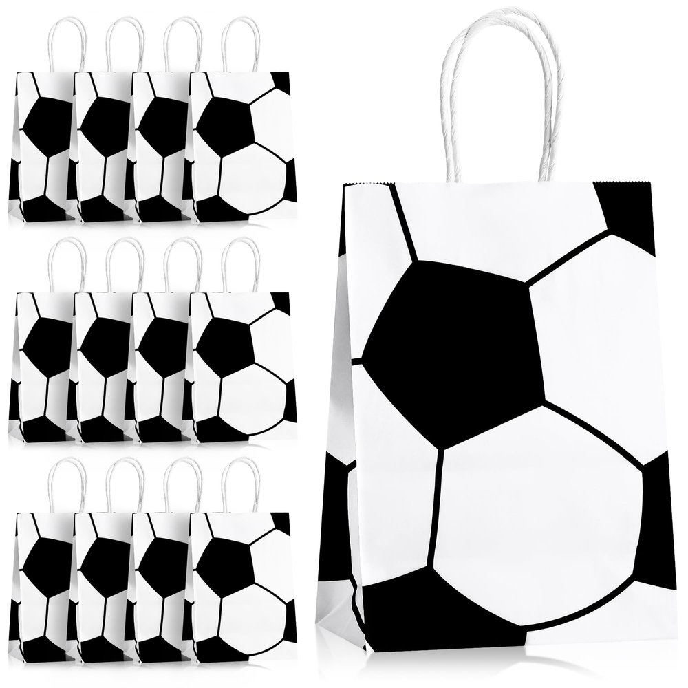 PASEOTA 12 PCS Soccer Goodie Bags with Handles, Soccer Snack Bags for Team Kids Birthday, Soccer Party Favor Bags Treat Candy Gift Bags Sports Theme Supplies (Soccer-A)