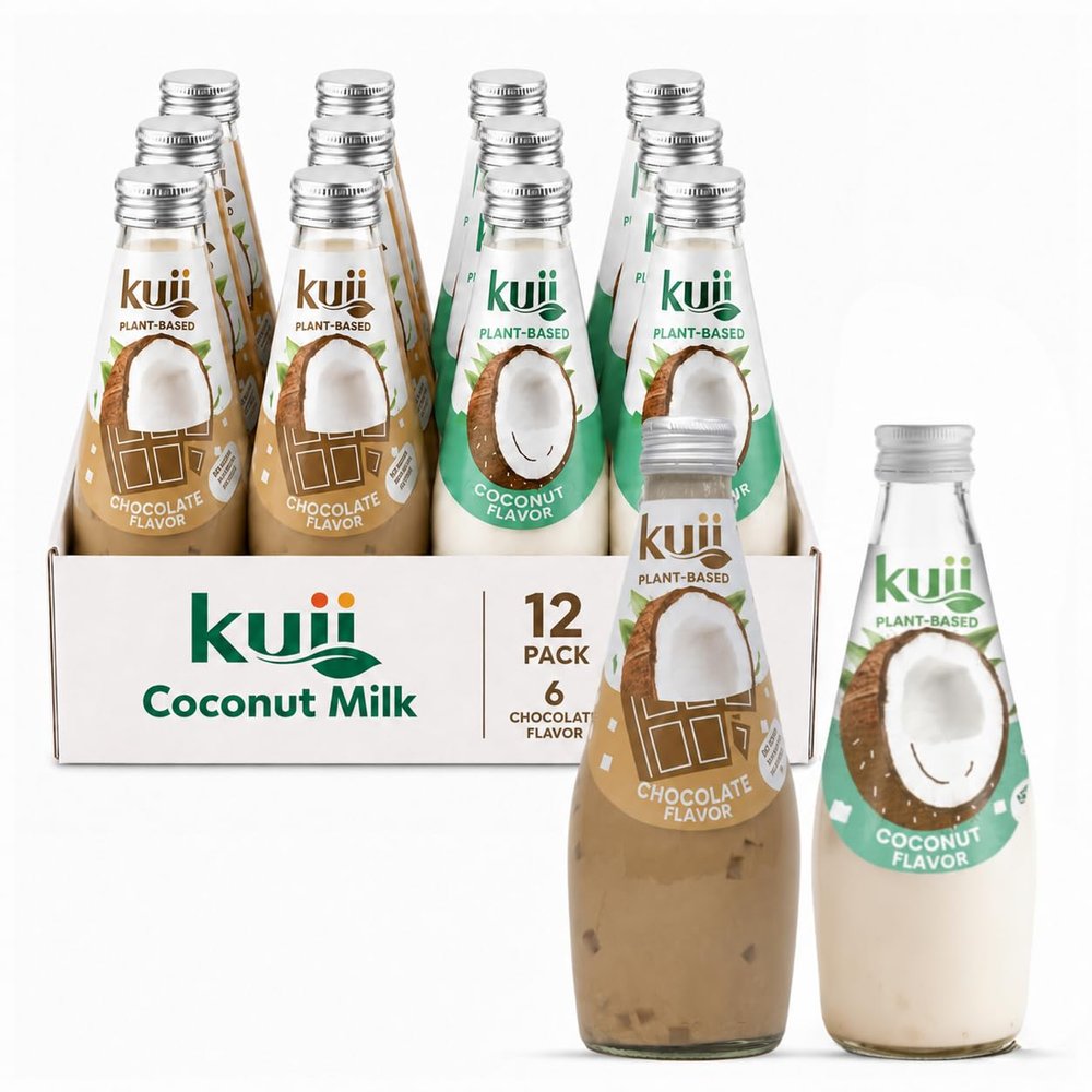 Kuii Coconut Milk Drink Variety Pack Original Coconut Jelly & Chocolate Coconut Jelly Drinks, No Sugar Added, 12-Pack, 9.8 fl oz Glass Bottles