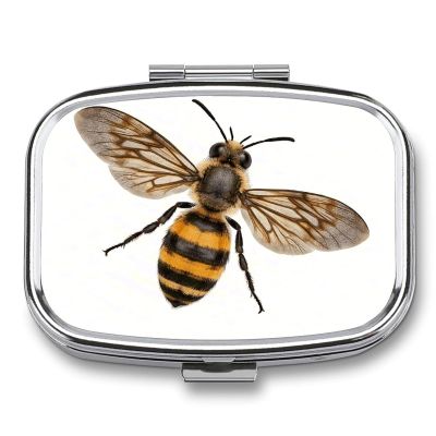 Bee Pill Box 2 Compartment Square Metal Pill Organizer Portable Mini Travel Medicine Case with Mirror Cute Medicine Container Holder for Pocket Purse