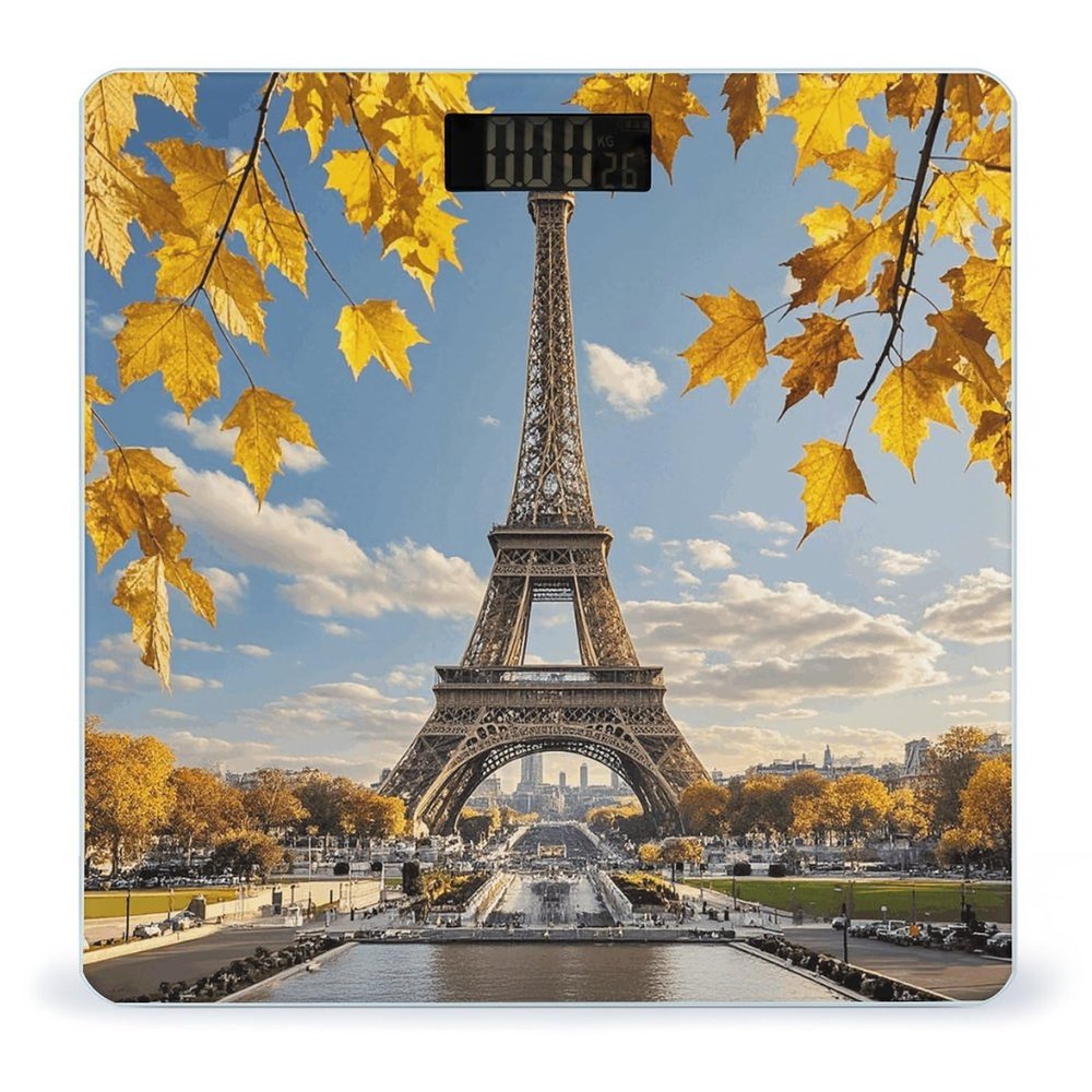 Paris Eiffel Tower with Autumn Leaves Digital Bathroom Scale for Body Weight Accurate Weighing Scale Digital Scale Fashion Weight Scale High Precision Smart Scale with Ultra-Wide Platform Large LCD Di