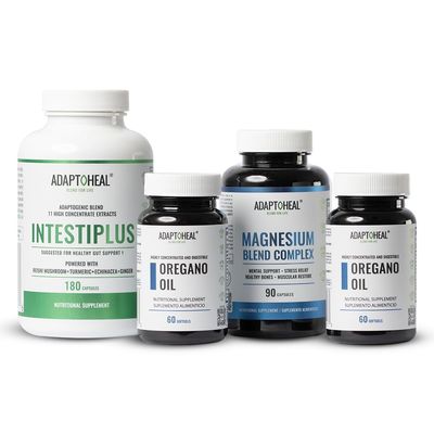 ADAPTOHEAL Gut Health & Balance Pack: Intestiplus + Magnesium Complex + 2 Units of Oil of Oregano Natural Support for Gut Flora, Immune Defense & Relaxation