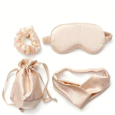 5 Pcs Set Artificial Silk Sleep Masks Hair Scrunchies Headband and Pouches Soft Eye Mask Cover Stain Blackout Blindfold for Sleeping Wedding Bridesmaid Gifts Beige, Birthday Gift for Mom