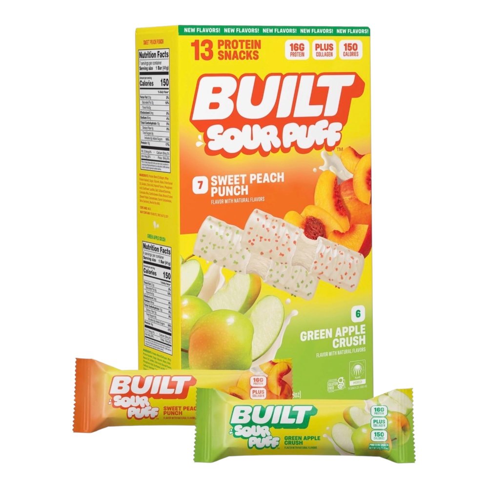 Puff Protein Bars,7 Sweet Peach Punch, 6 Green Apple Crush Flavor 17g Protein, Gluten Free, 19.2 oz 13 Variety Pack.