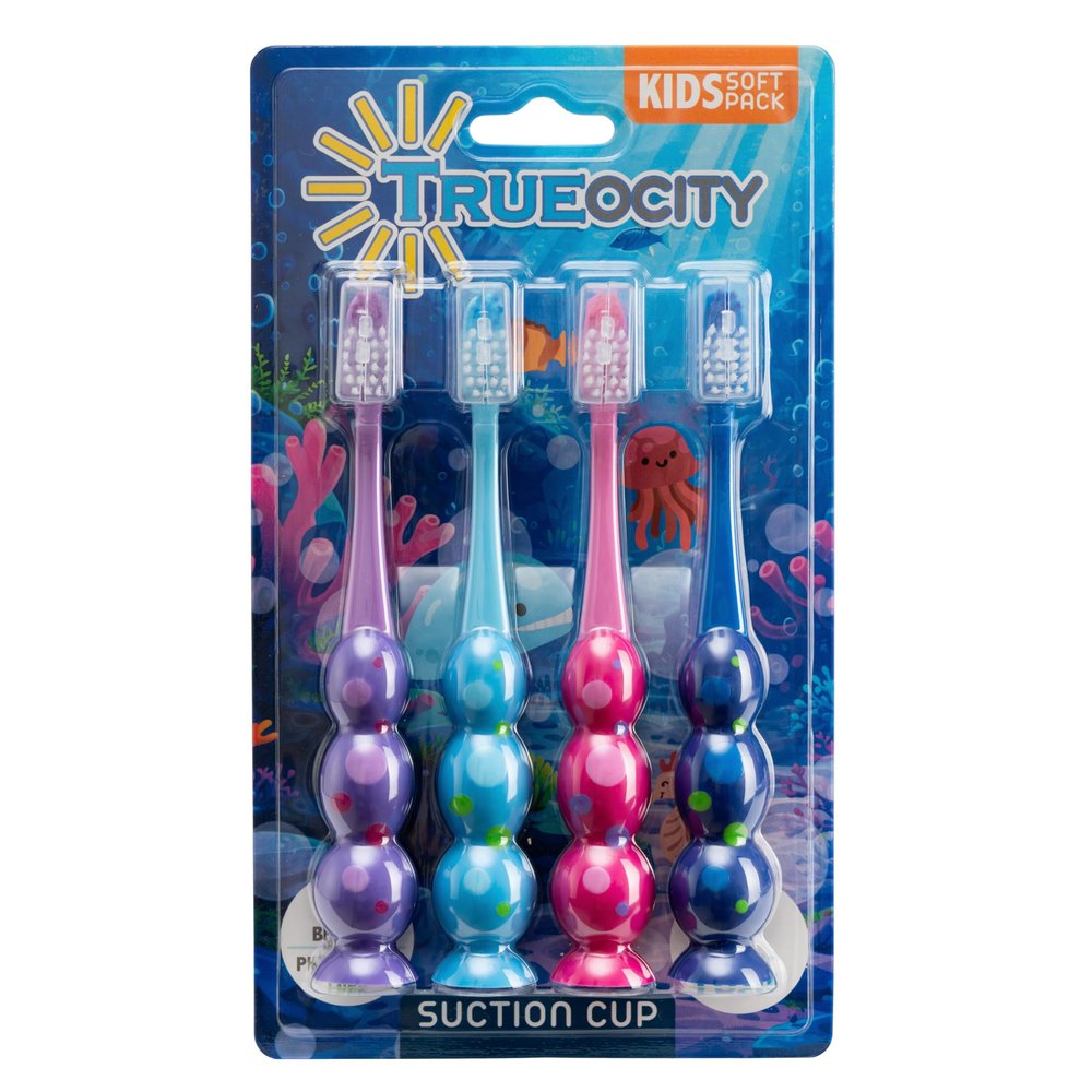 Kids Toothbrush 4 Pack - Soft Bristles with Suction Cup - Toothbrush Kids, Child Sized Brush Heads, 3-10 Year Old Kid Toothbrush with Easy Storage - Toddler, Girl and Boy Set (Purple Pink & 2 blue)