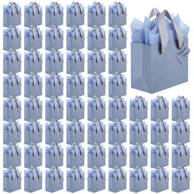 Qilery 50 Pcs Wedding Paper Gift Bags Bulk with Tissue Paper Small Gift Bags with Handle and Tags for Birthday Wedding 4th of July Party Business(Dusty Blue,4.7 x 2.4 x 3.9'')