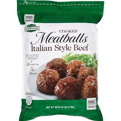Cooked Italian Style Beef Meatballs; Approximately 140 Meatballs; Resealable Bag . Ingredients : GROUND BEEF, WATER BREAD CRUMBS (ENRICHED BLEACHED WHEAT FLOUR (BLEACHED WHEAT FLOUR, NIACIN, REDUCED IRON, THIAMINE MONONITRATE, RIBOFLAVIN, FOLIC ACID)