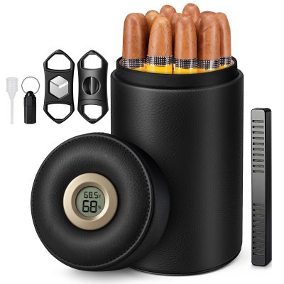 Scotte Cigar Humidor Jar, Leather Cedar Wood Humidor Cigar Box with Digital Hygrometer Humidifier, Include Cigar Cutters Cigar Punch,Travel Humidor for 12-16 Cigars