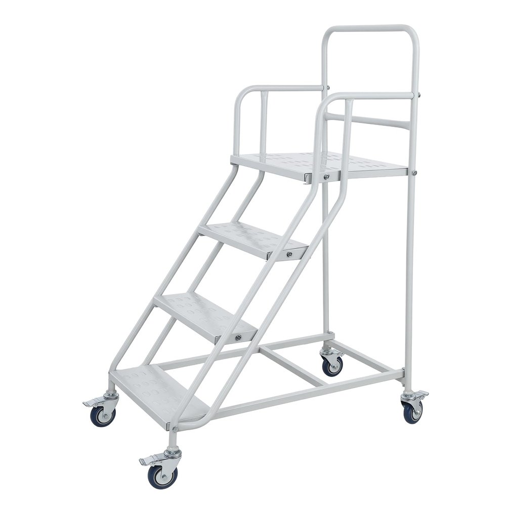 4-Step Rolling Step Stool 880lbs, Heavy-Duty Folding Climbing Ladder with Lockable Wheels & Anti-Slip Steps, Cold Rolled Steel Mobile Stair for Home, Warehouse & Retail Grey