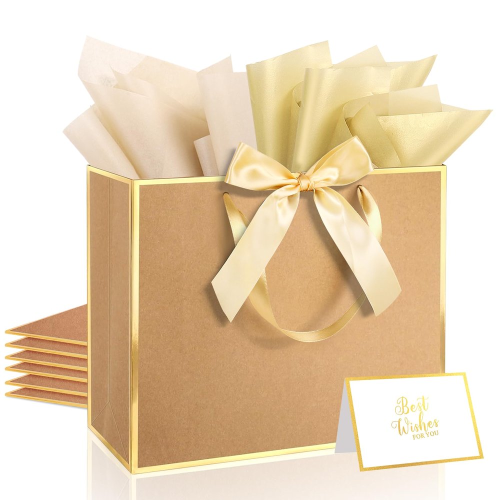 Ethhqu 3 Pack Brown Gift Bags with Handles, 12.6x10x4 Inch Medium Gift Bags with Tissue Paper & Cards for Weddings Father's Day Bridal Shower Birthday Party Anniversary Thanksgiving (Kraft, Gold)