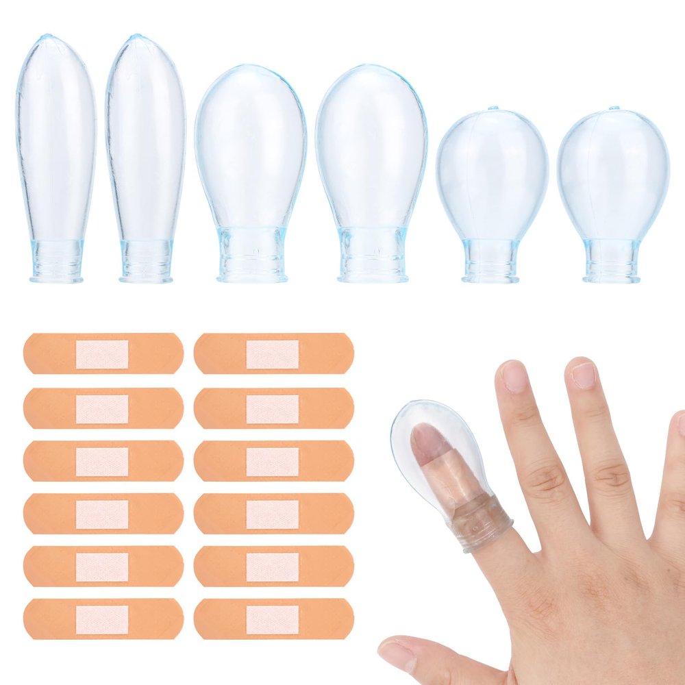 6pcs Waterproof Toe & Thumb & Finger Protectors, 3 Size Silicone Sleeve with 12 Nursing Bandage Reusable Finger Cover Cots for Shower Swimming Pedicure Manicure Nail Soaking Protection Guard