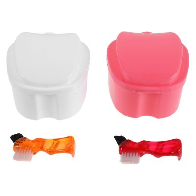 CIMAXIC 2 Sets Denture Soaking Box with Strainer Basket - Small Retainers Bath Cup - Portable False Teeth Holder with Cleaning Brush for Outdoor Travel