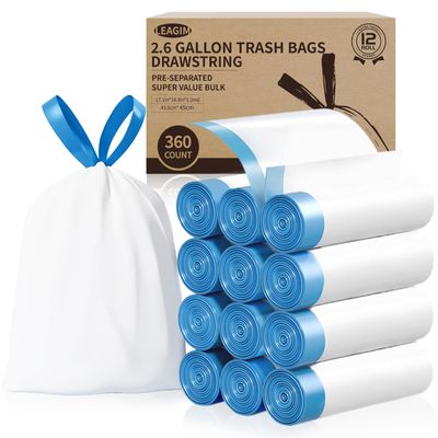 Small Trash Bags 2.6 Gallon, 360 Count -1.2 Mil Drawstring Mini Garbage Bags, Plastic White Trash Can Liners for Bathroom Accessories, 10 Liter, Bedroom, Dorm Room Essentials, Office