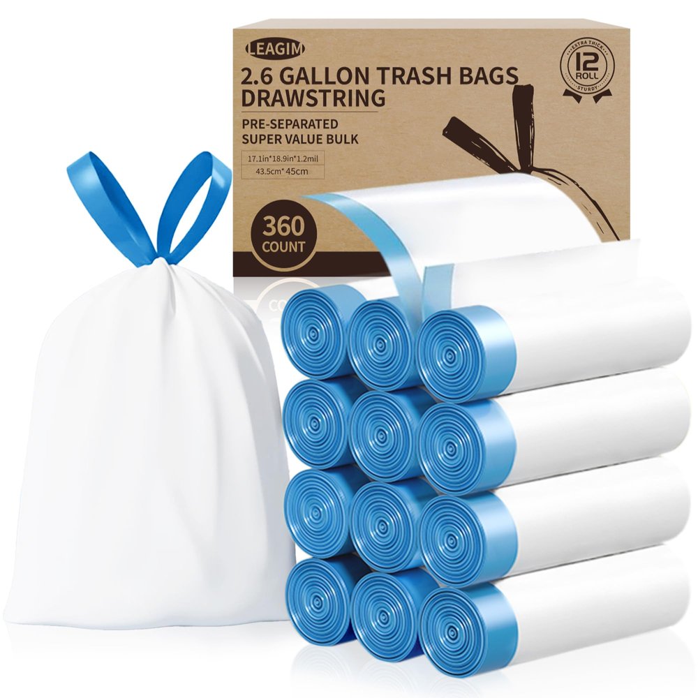 Small Trash Bags 2.6 Gallon, 360 Count -1.2 Mil Drawstring Mini Garbage Bags, Plastic White Trash Can Liners for Bathroom Accessories, 10 Liter, Bedroom, Dorm Room Essentials, Office