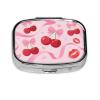Square Round Pill Case Cherry Pink Bow with Red Lips Pill Box Daily 2 Compartment Travel Pill Container for Pocket Purse Portable Medicine Cod Liver Oil Storage Box 2 Times a Day Pill Organizer view 1