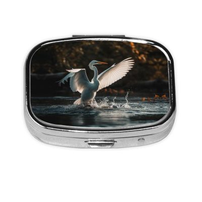 Square Round Pill Case an Egret in the Water Pill Box Daily 2 Compartment Travel Pill Container for Pocket Purse Portable Medicine Cod Liver Oil Storage Box 2 Times a Day Pill Organizer