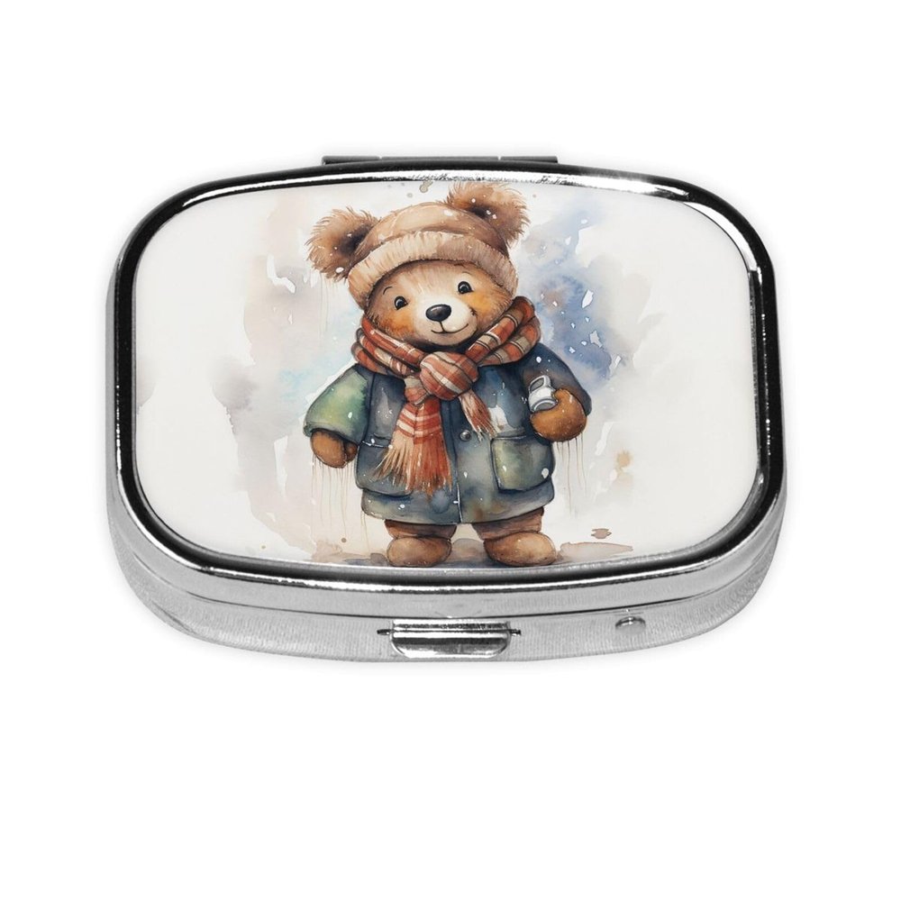 Square Round Pill Case Bear with Scarf Pill Box Daily 2 Compartment Travel Pill Container for Pocket Purse Portable Medicine Cod Liver Oil Storage Box 2 Times a Day Pill Organizer