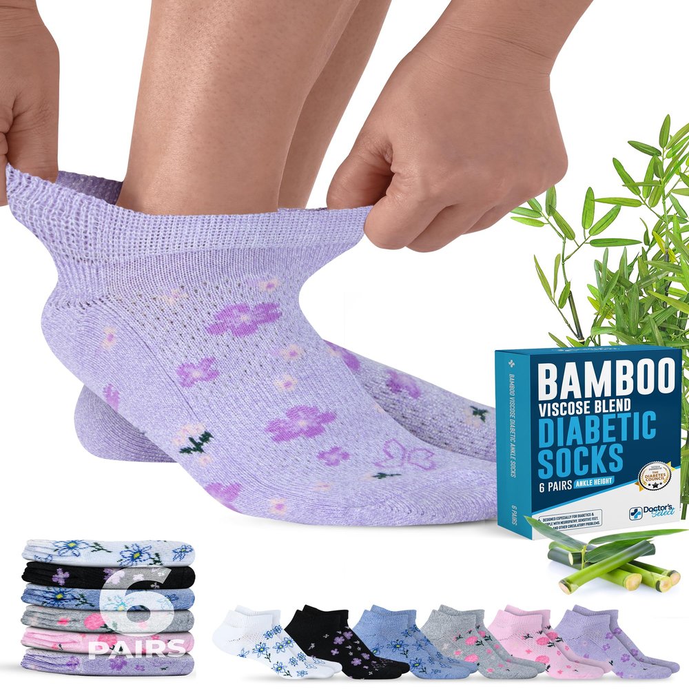Doctor's Select Viscose Bamboo Ankle Diabetic Socks for Women and Men - 6 Pairs | Super Soft, Non Binding, Loose Wide Top, Flowers and Butterflies