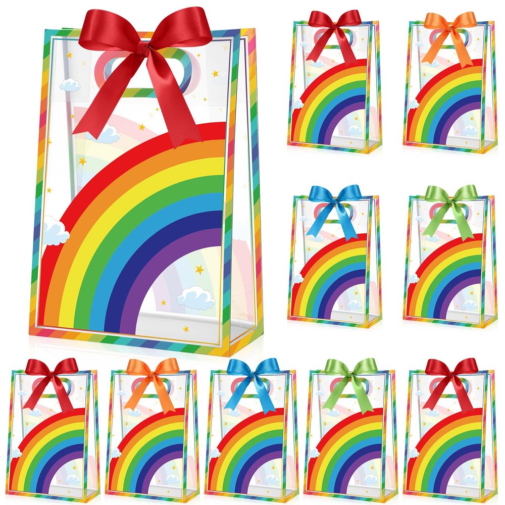 Aliceset 12 Pcs Rainbow Party Clear Gifts Goodie Bags with Handles Rainbow Theme Favor Bags with Ribbon Colorful Wrapping for Birthday Baby Shower Candy Snack Treat Wrapping Supplies, 10x7x3.15''
