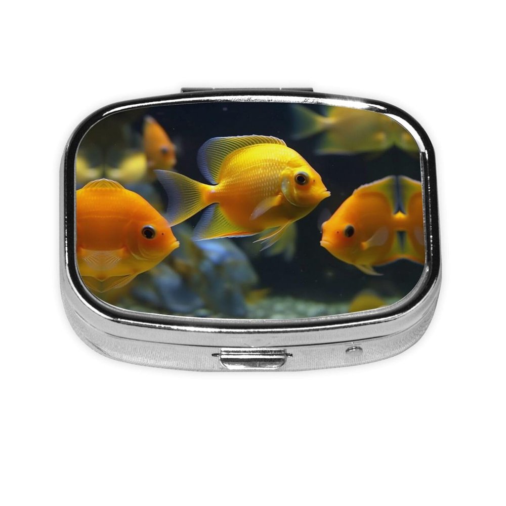 Square Round Pill Case Fish Swimming in Aquarium Pill Box Daily 2 Compartment Travel Pill Container for Pocket Purse Portable Medicine Cod Liver Oil Storage Box 2 Times a Day Pill Organizer