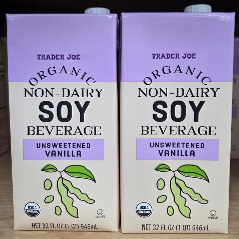 Trader Joe Organic Non-Dairy SOY Beverage Unsweetened Vanilla 32fl oz 946ml (Two Cartons)